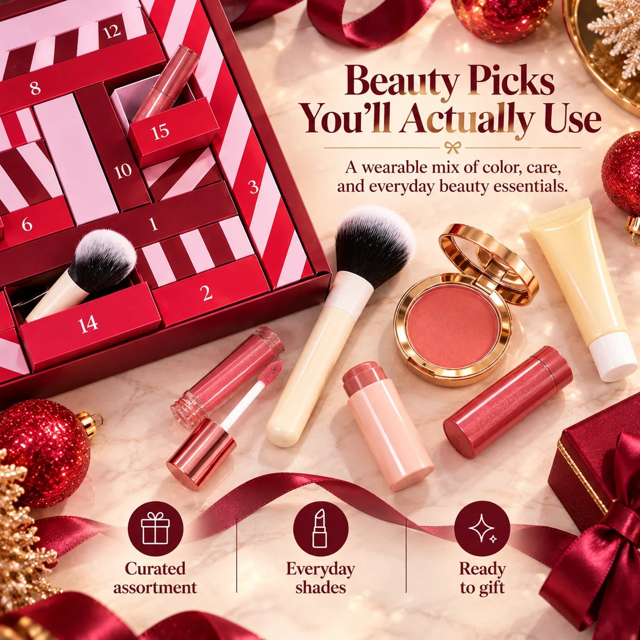 Beauty advent calendar assortment showing lip products makeup brushes compact and tube-style beauty items