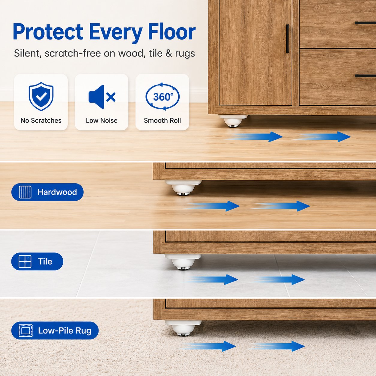 Mini caster wheels rolling on smooth household flooring