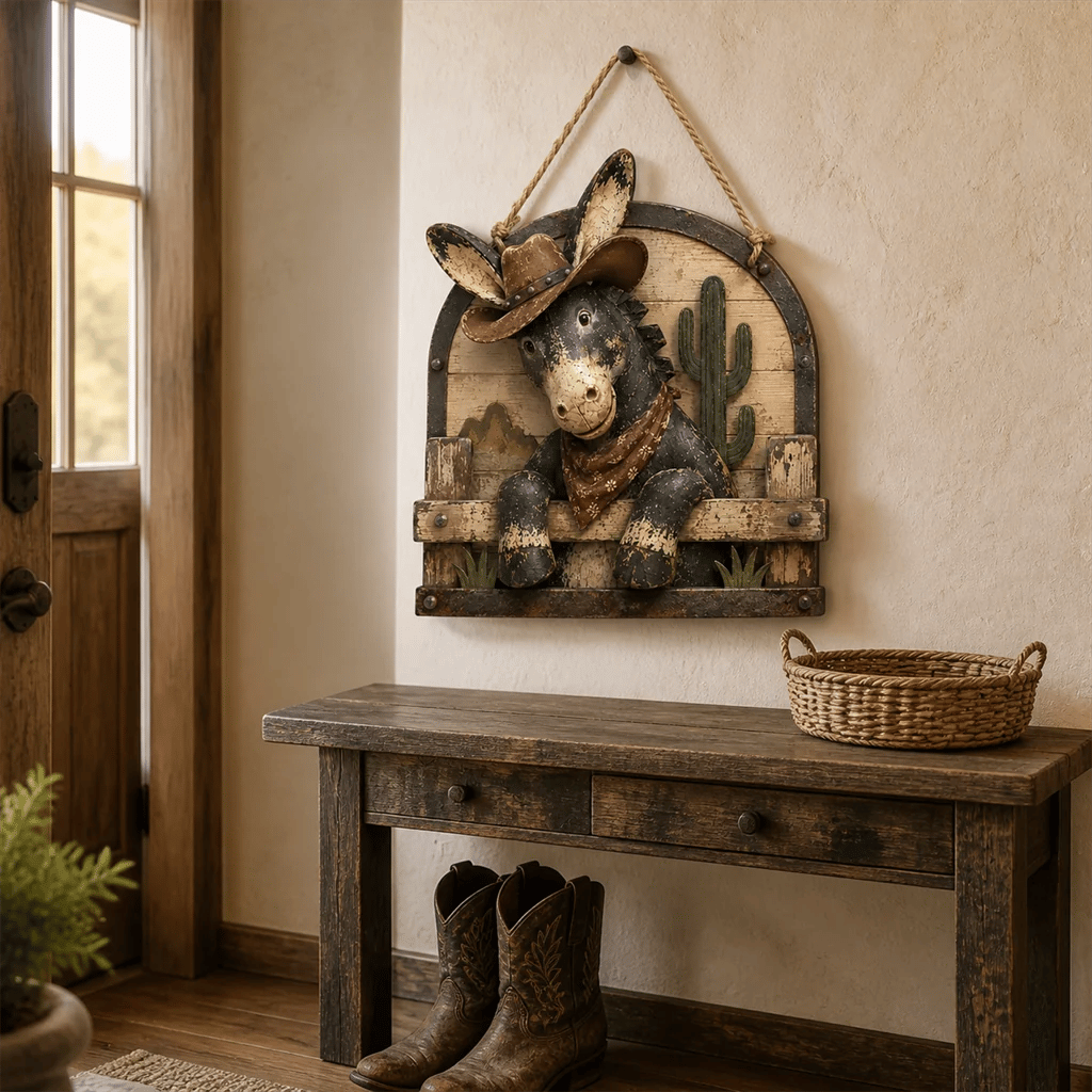 Rustic donkey wall hanging styled above an entryway console