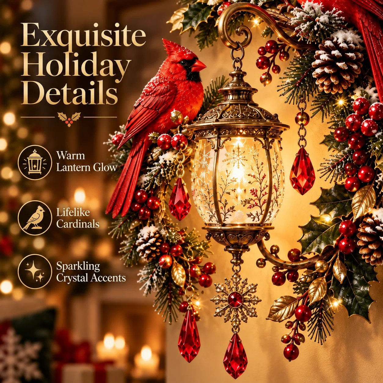 Close-up details of the cardinal lantern Christmas wall light