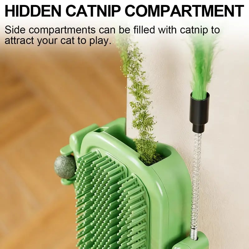 Hidden refillable catnip compartment in cat groomer