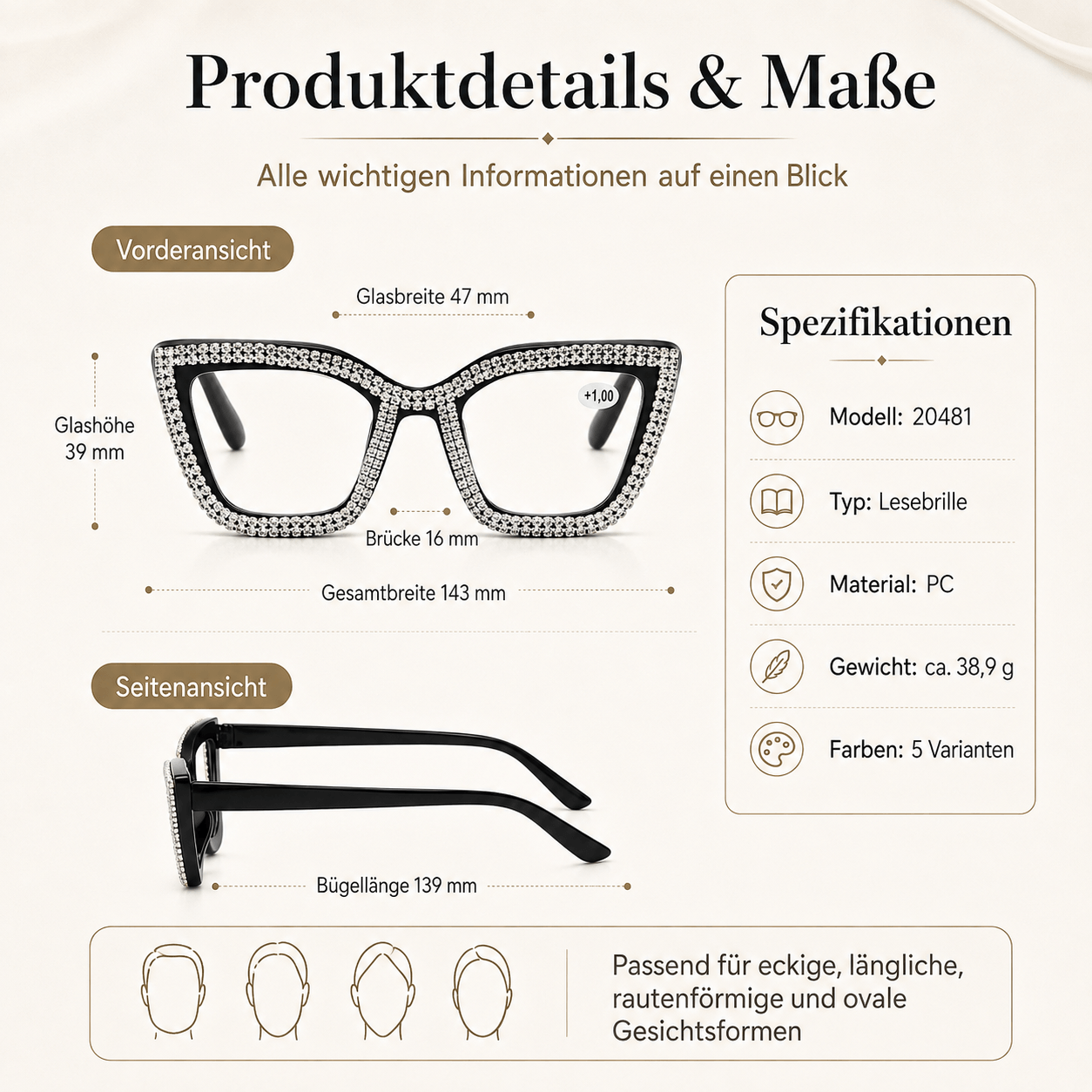 Cat-eye reading glasses product details