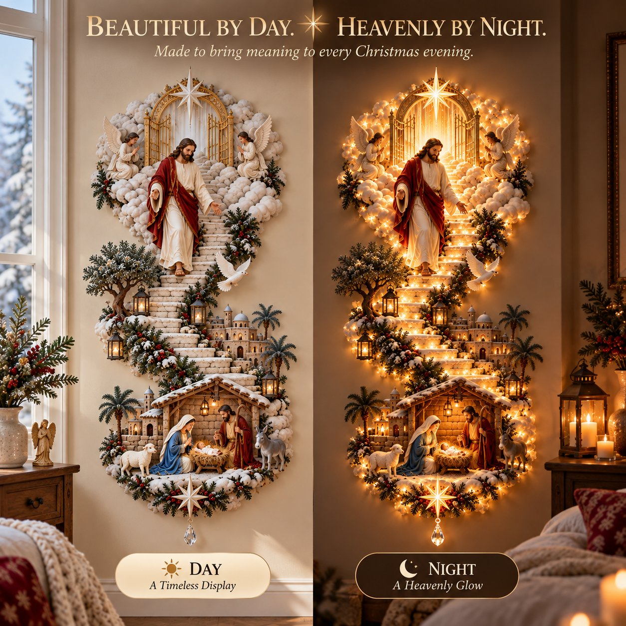 Jesus Christmas wall hanging day and night comparison