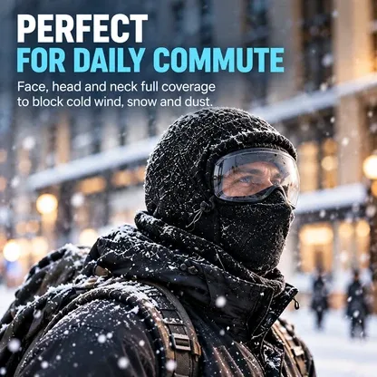 Full-face winter balaclava worn on snowy city commute