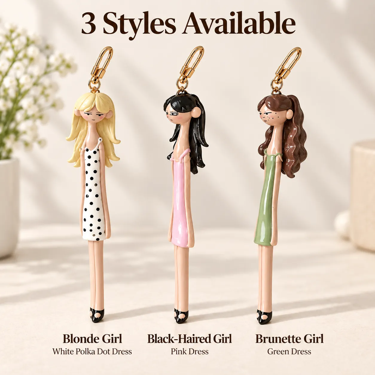 Three fashion doll bag charm designs
