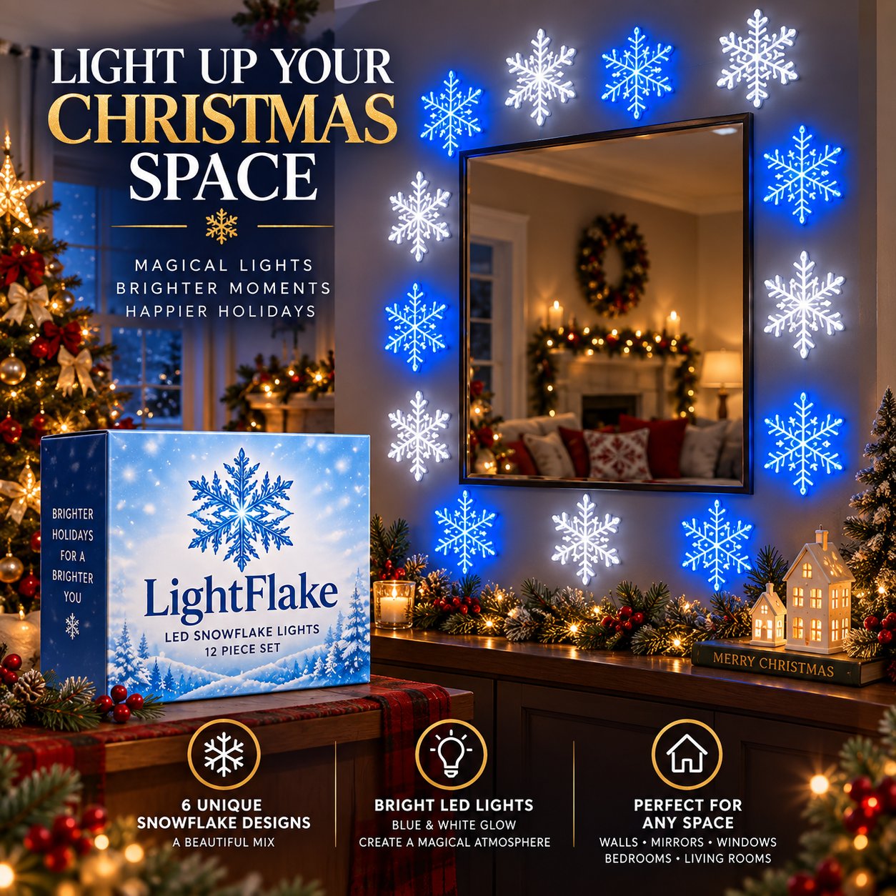 12 snowflake lights creating a glowing Christmas atmosphere