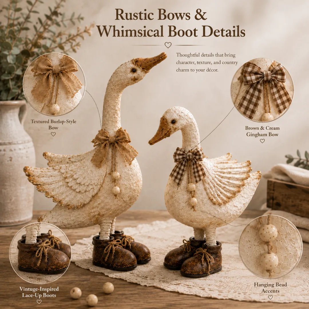 Cream goose figurine pair in a warm farmhouse cottage interior