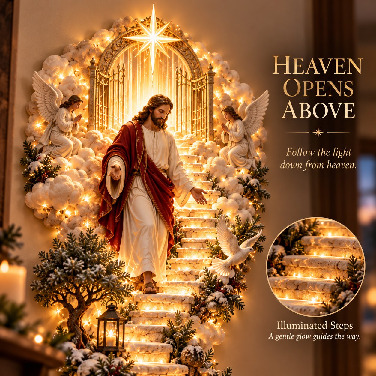 Jesus descending illuminated stairway beneath heavenly gates