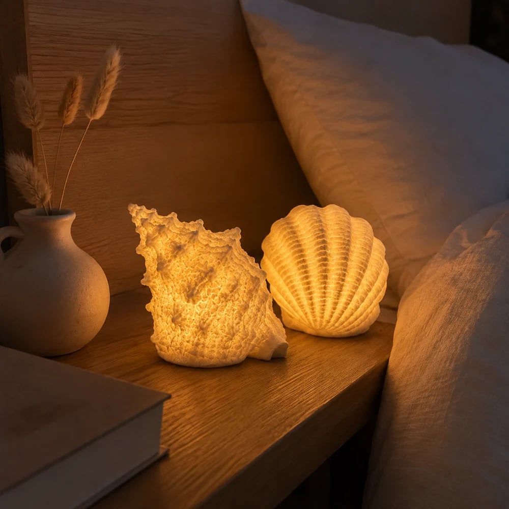 Coastal shell lights on bedside table