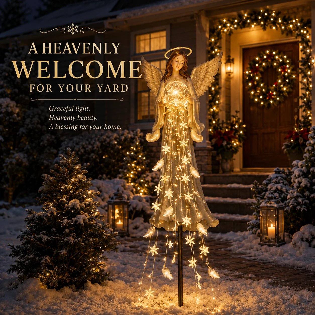 Cascading warm lights beneath angel garden decoration