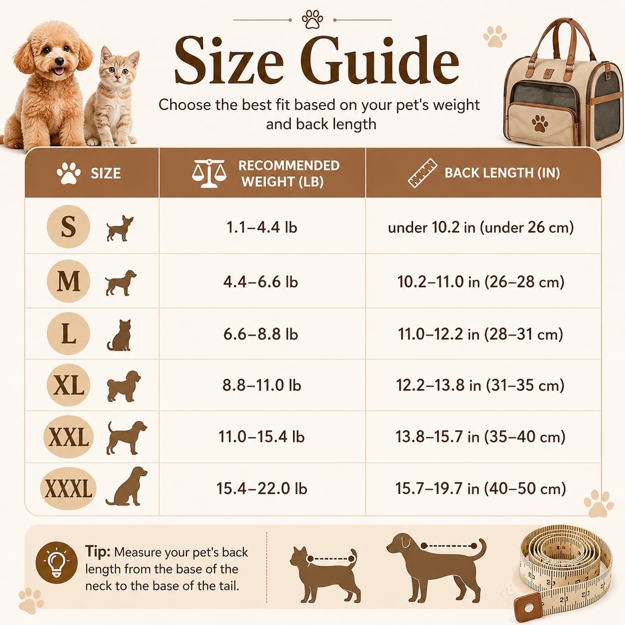 Front pet carrier backpack size guide for cats and small dogs