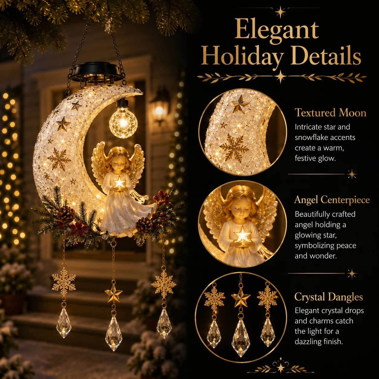 Detailed view of Angel Moon Christmas light crescent angel and crystal ornaments