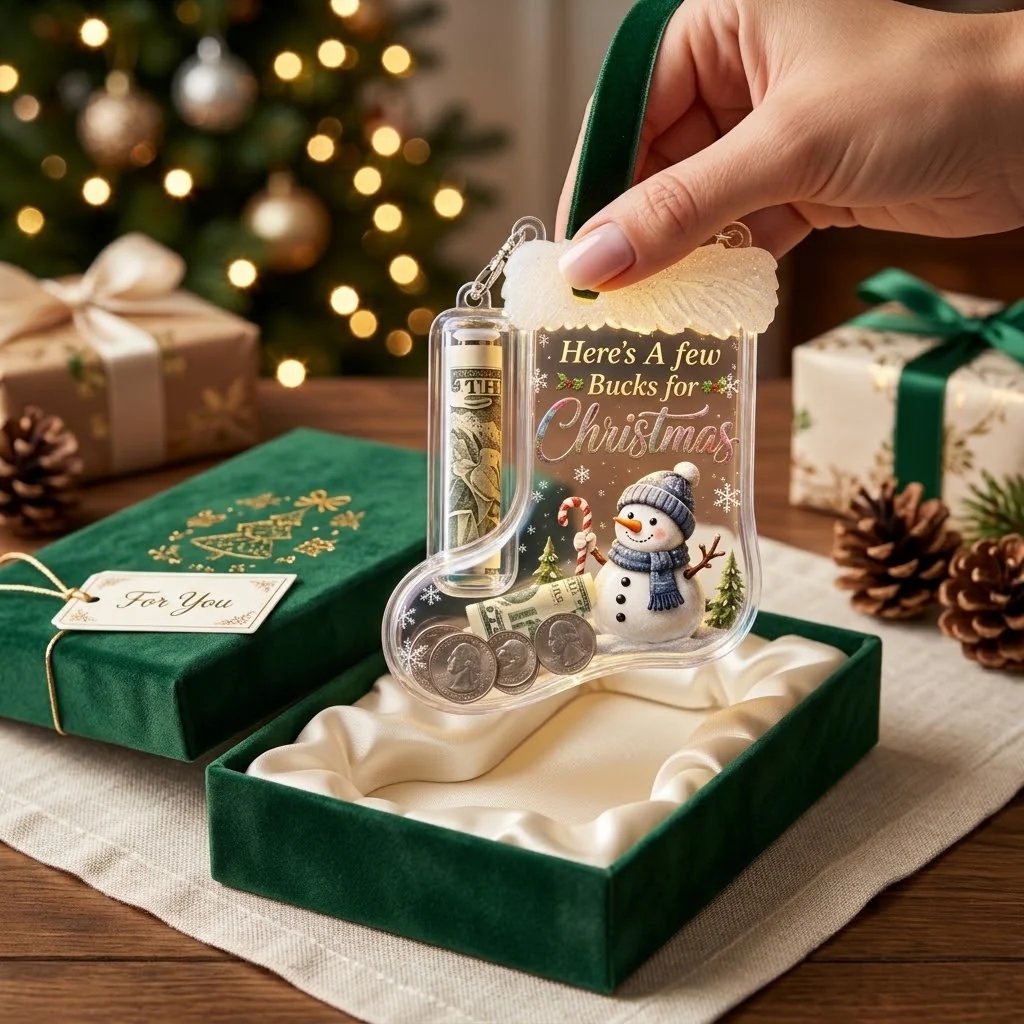 Christmas money gift holder hanging with velvet ribbon