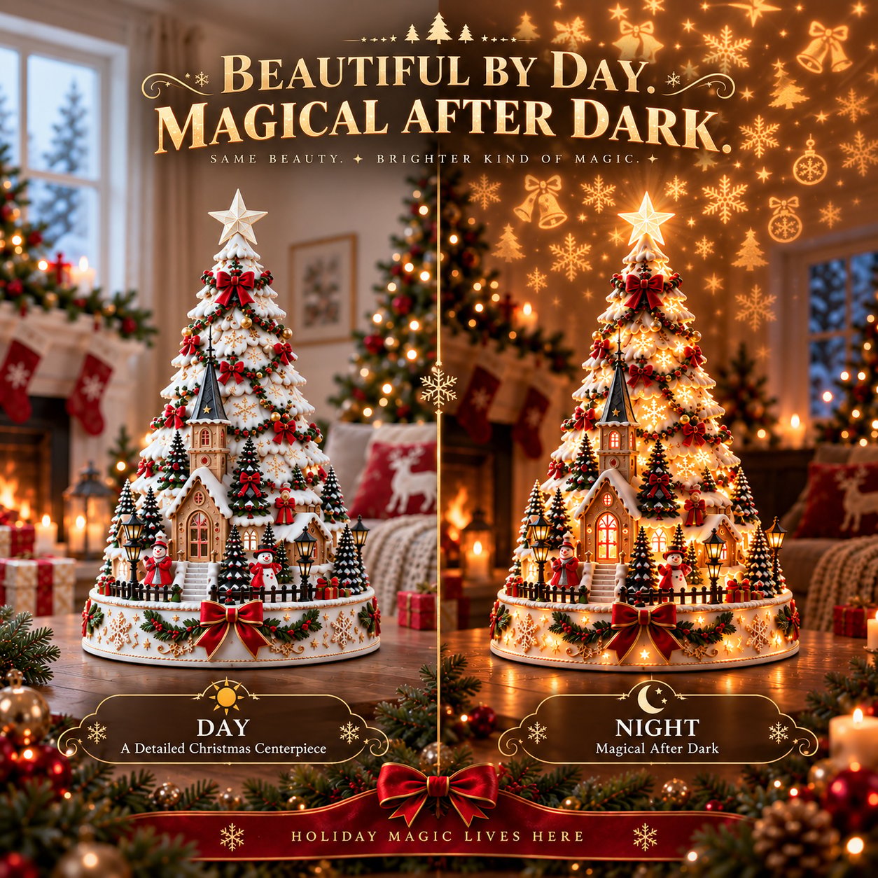 Christmas village centerpiece by day and night