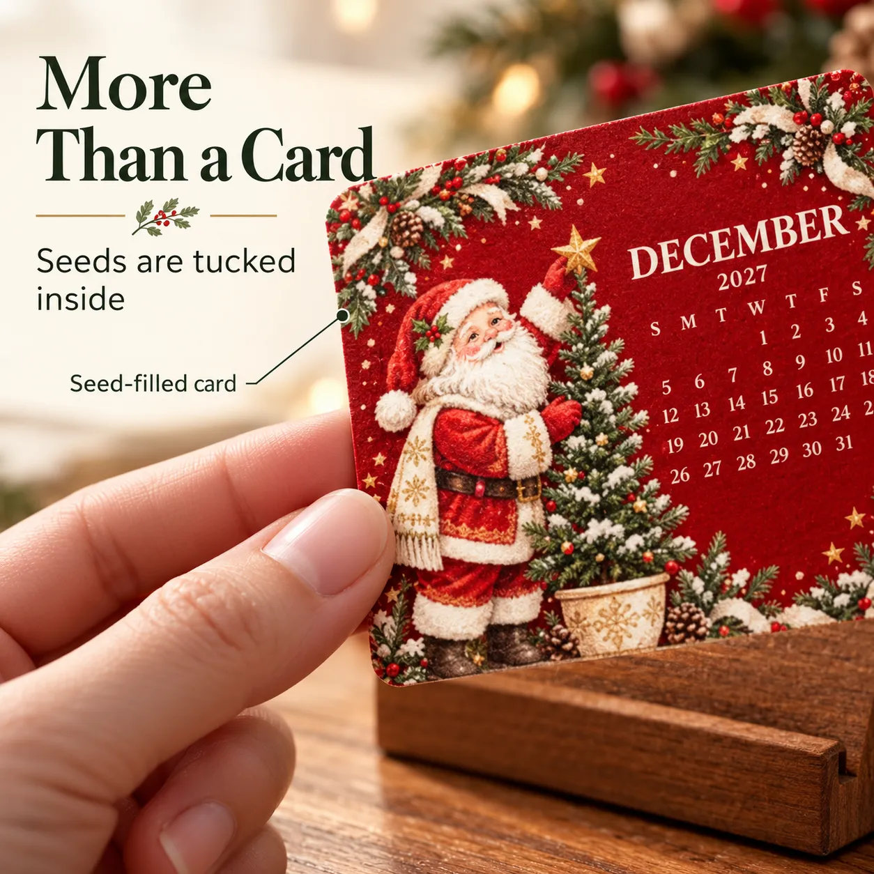 Close-up of a festive seed-filled calendar card