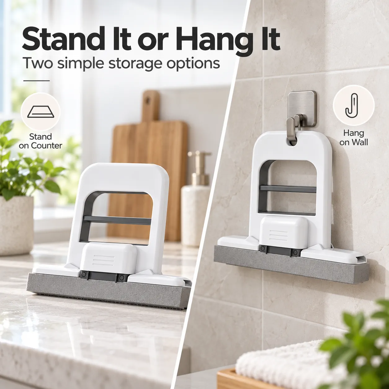 Mini mop standing on a counter and hanging on a wall hook
