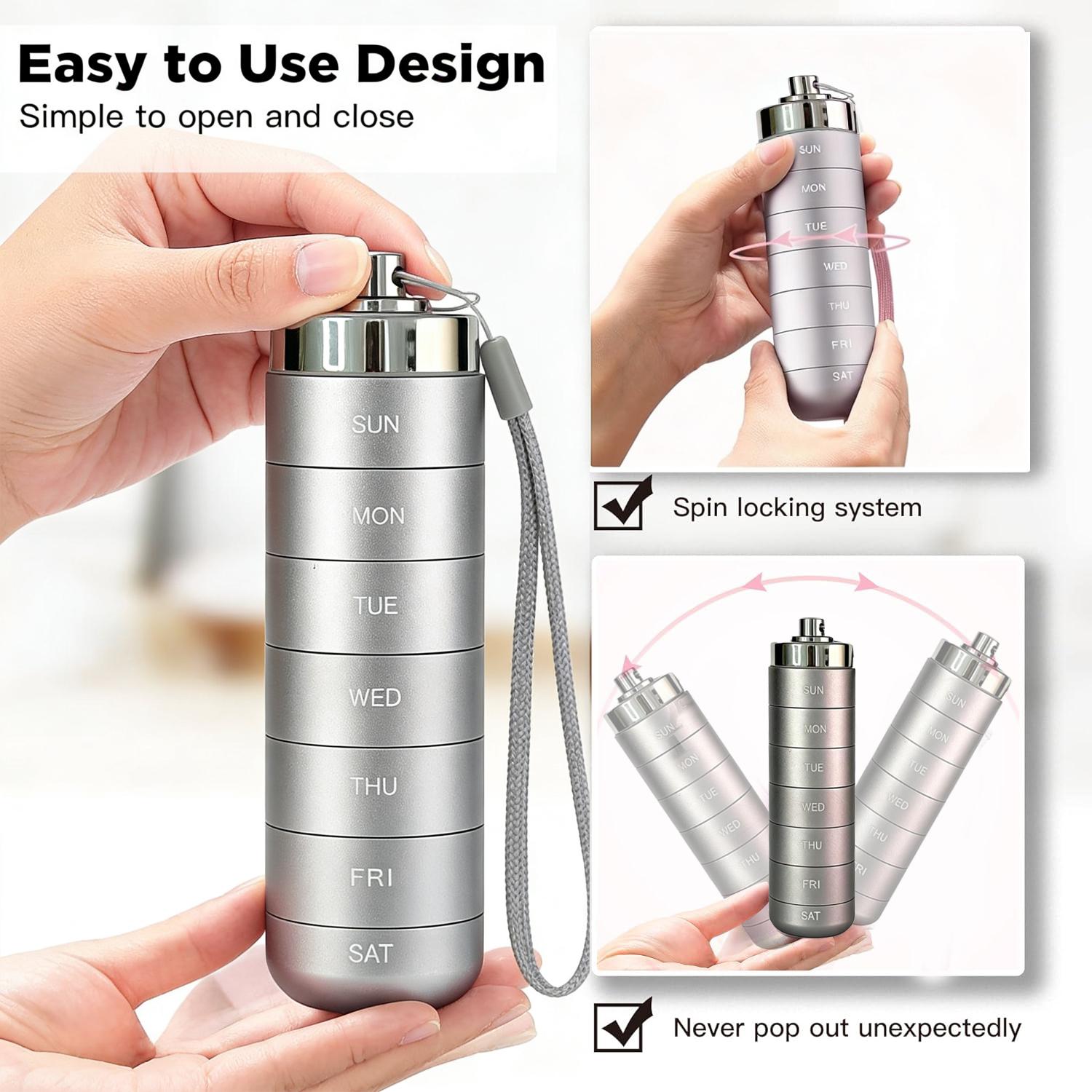 Metal Travel Pill Organizer, Portable Waterproof Weekly Pill Box, Large Aluminum Alloy Container, BPA Free 7 Day Daily Medicine Organizer Holder for Vitamin, Fish Oil, Supplement Storage box