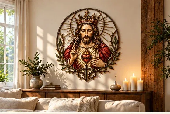 Sacred Heart of Jesus wall art displayed in a warm home interior