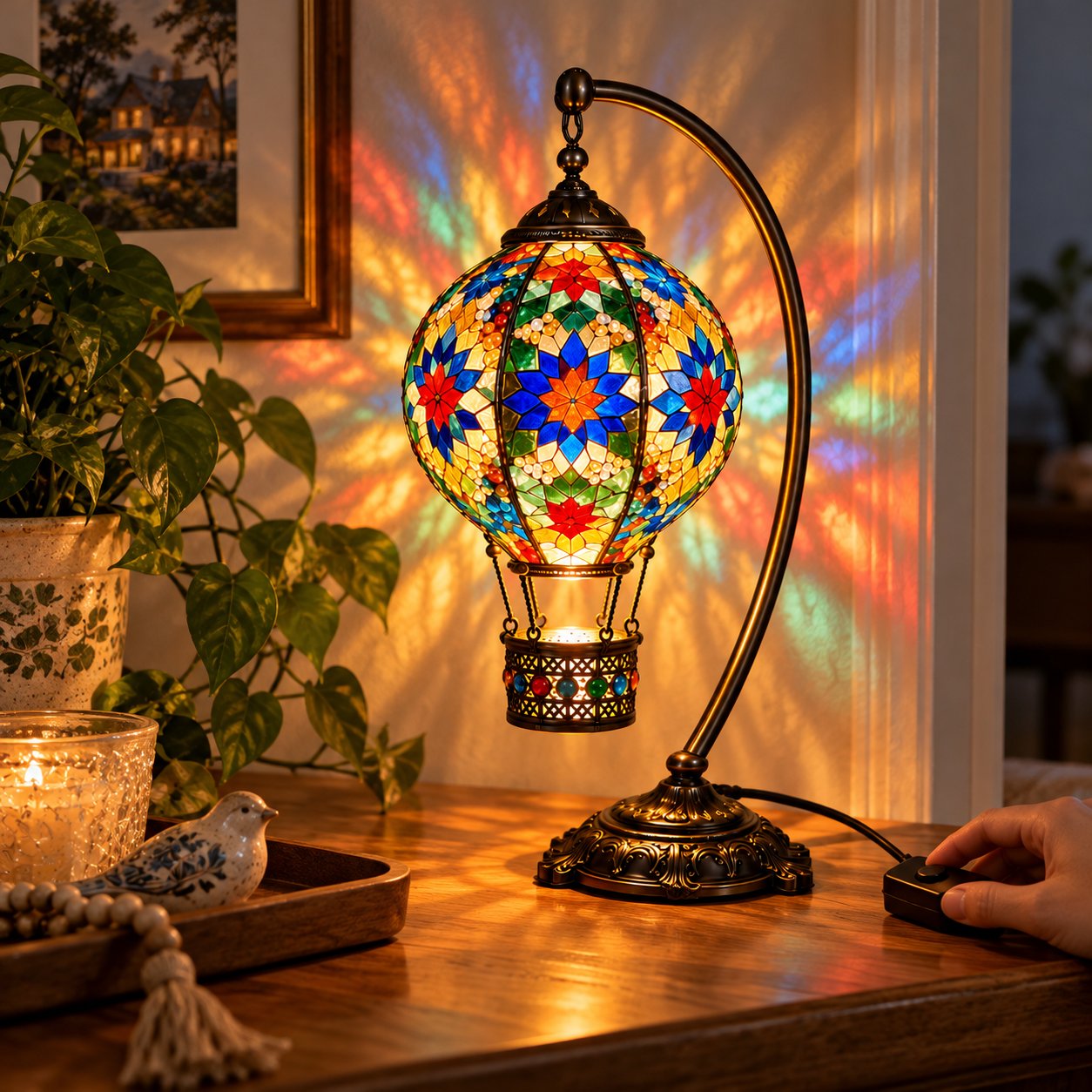 Completed DIY Turkish Mosaic Hot Air Balloon Lamp glowing on a side table
