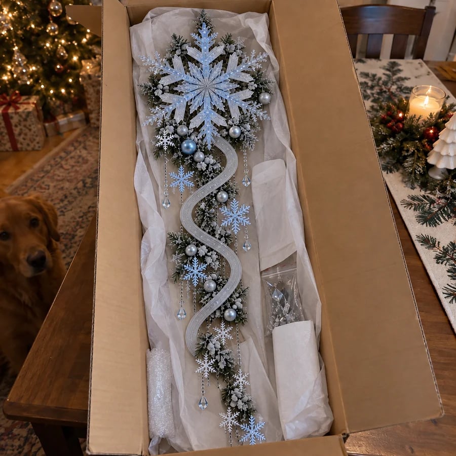 Customer displaying winter snowflake wall light at home
