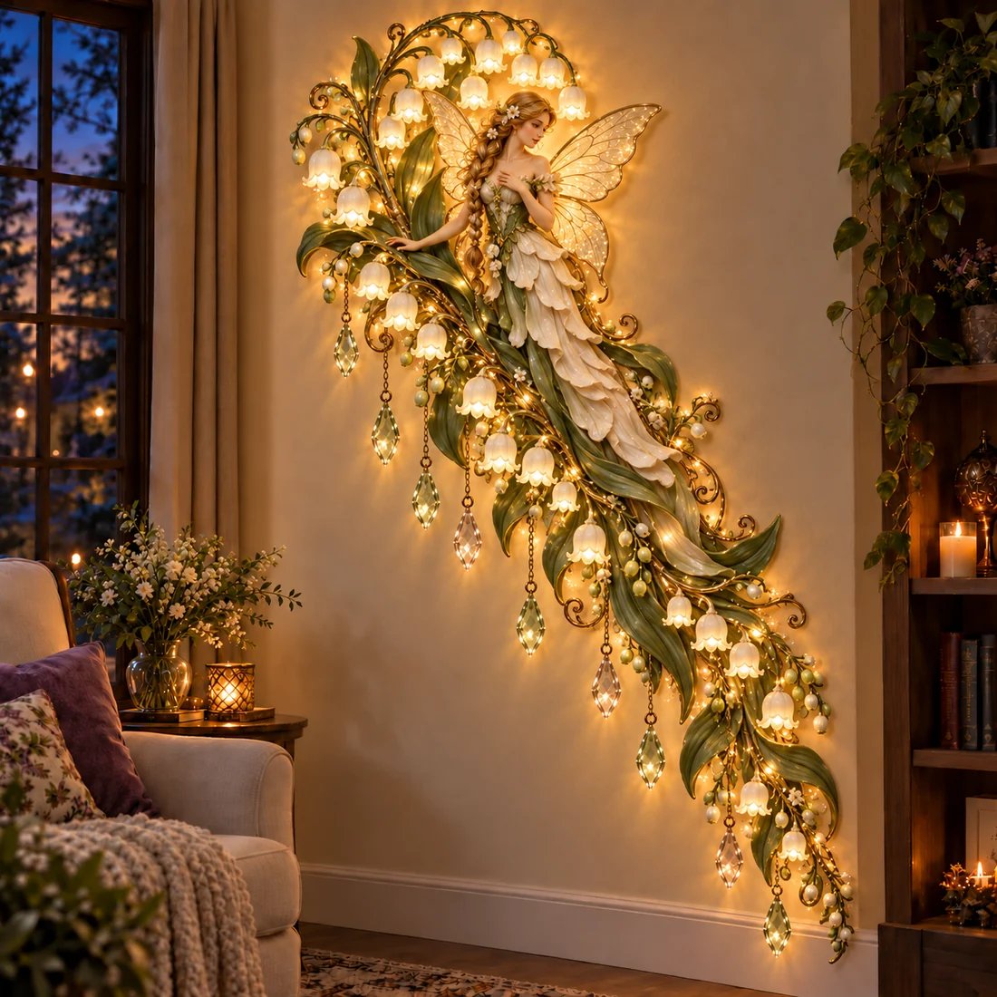 Lily of the Valley fairy wall light glowing beside a cozy armchair at night