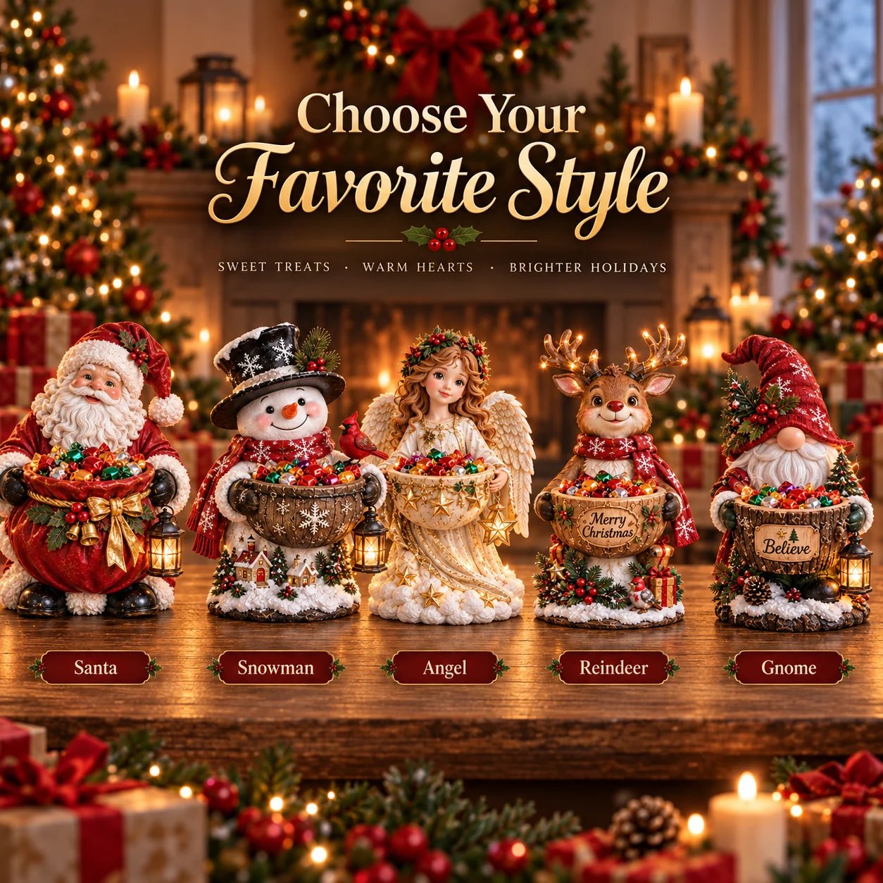 Choose from five Christmas candy bowl styles