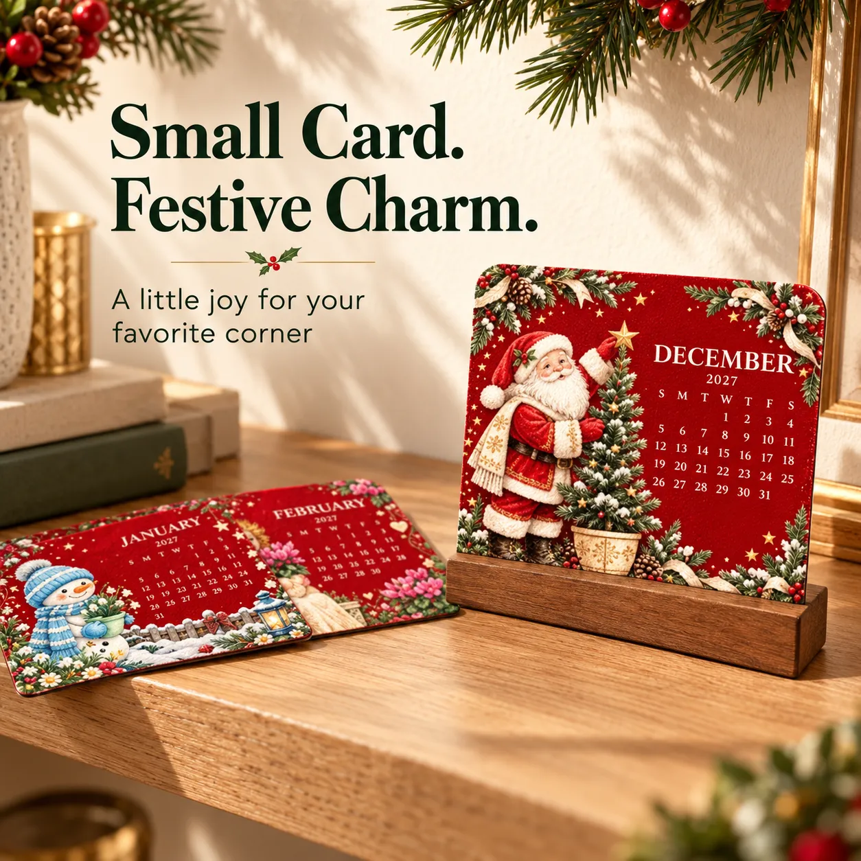 Christmas calendar card on a wooden display stand