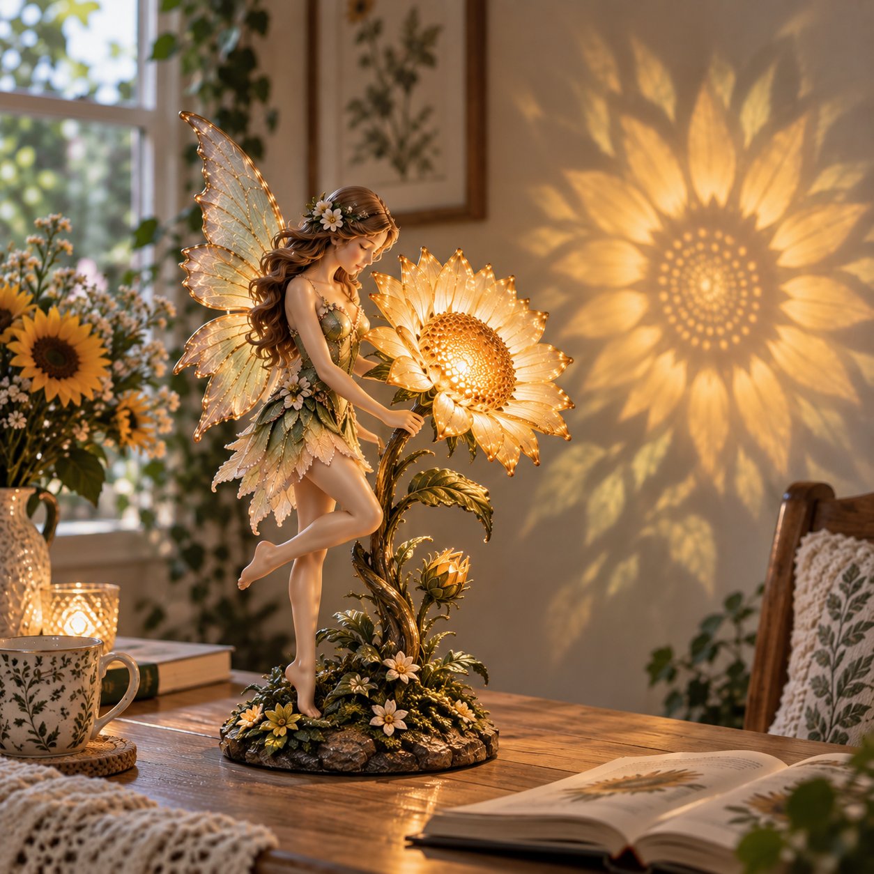 Enchanted Sunflower Fairy Projection Lamp glowing in a cozy interior