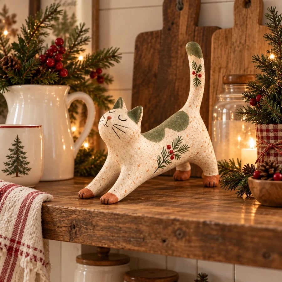 Woodland Christmas Cat Figurine in a warm farmhouse Christmas kitchen