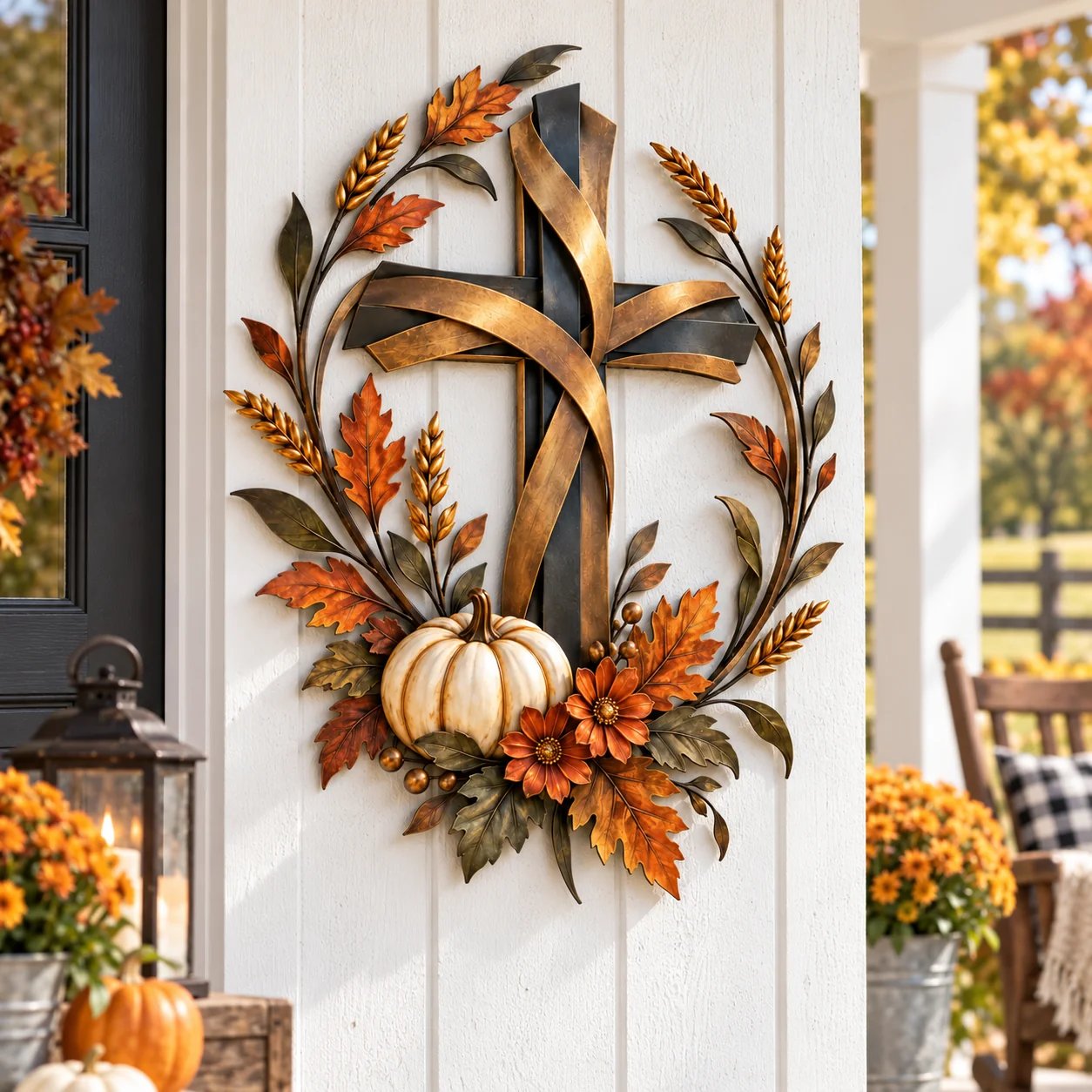 Elegant autumn cross wall decor beside a farmhouse entryway