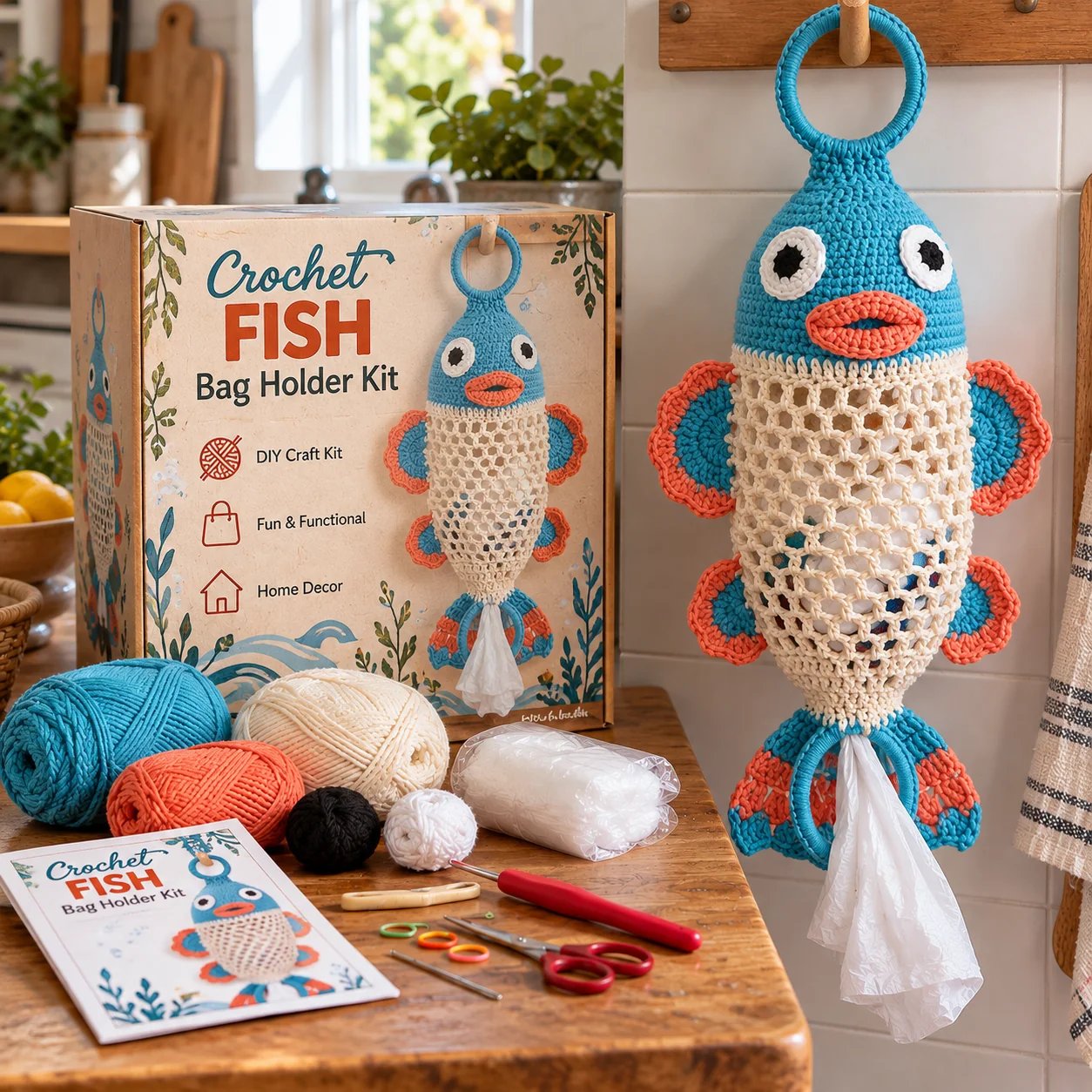 Fish crochet bag holder with an open mesh storage body and a grocery bag extending from the bottom