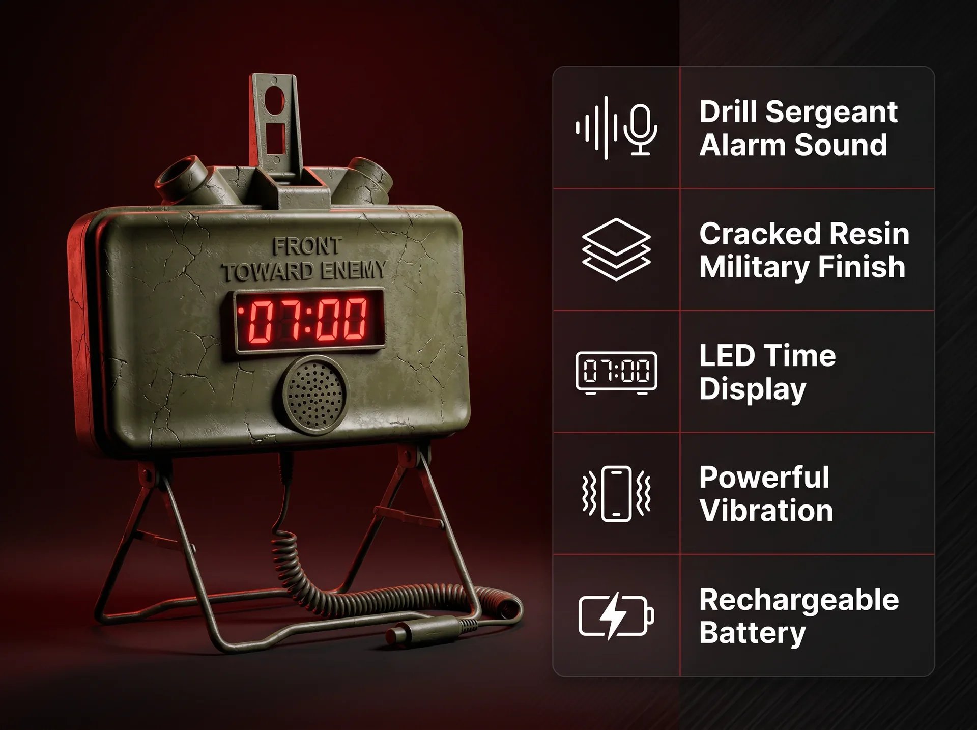 Cuerpo de despertador resistente, inspirado en el estilo militar, con pantalla LED