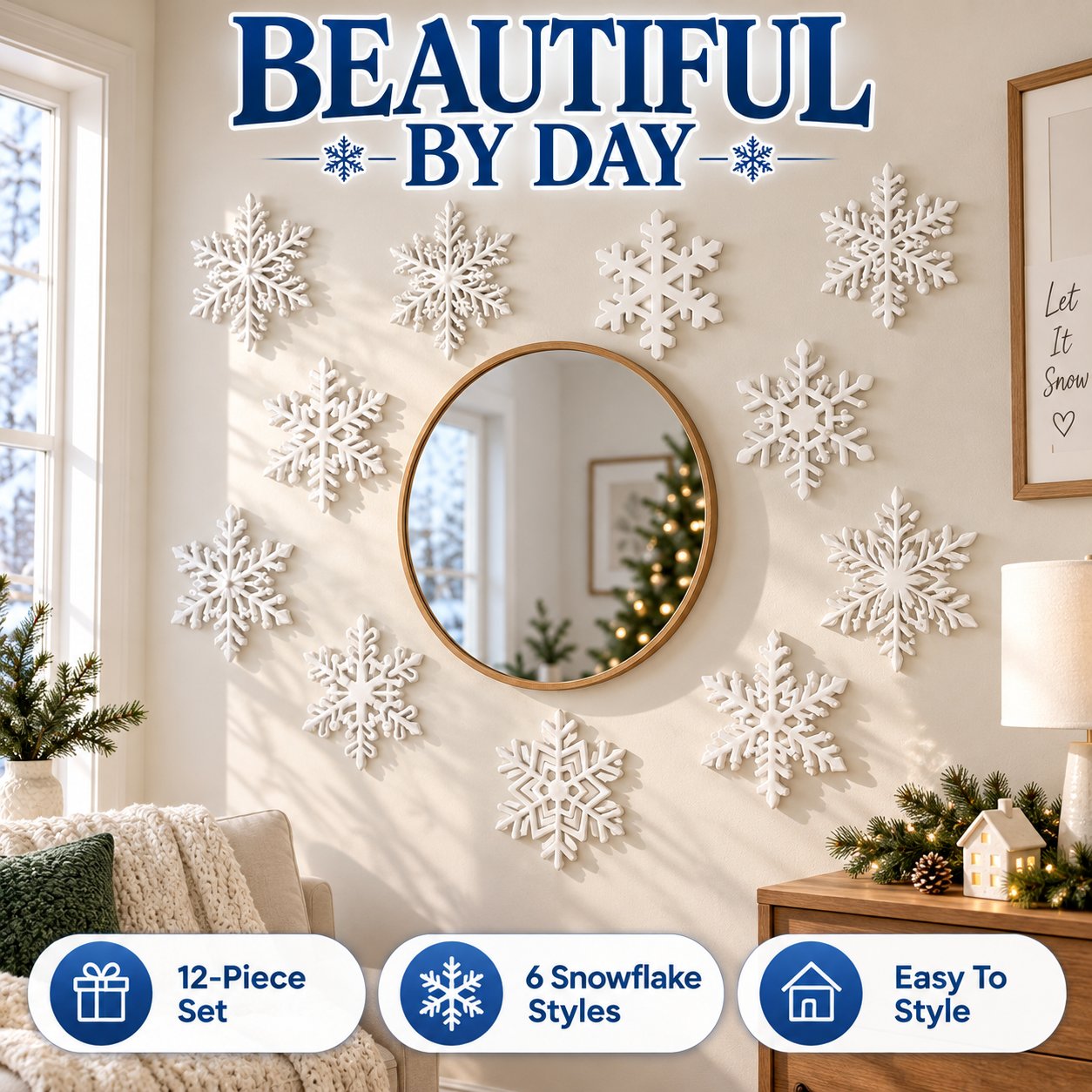 snowflake lights used as daytime Christmas decor