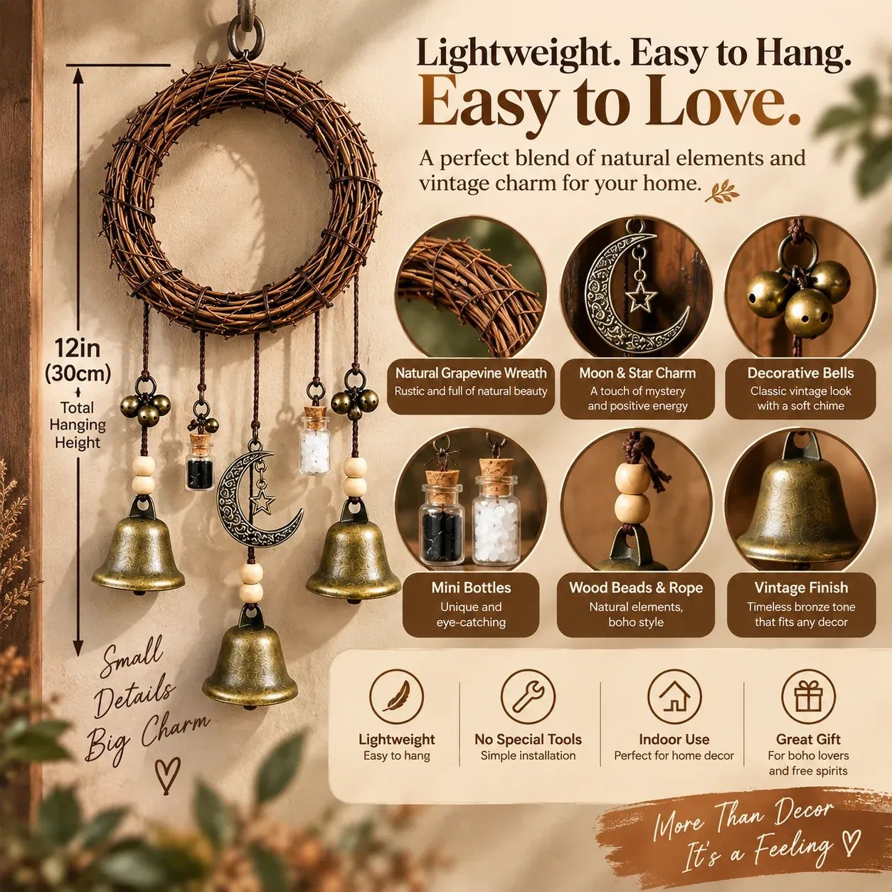 🌙🔔 Boho Moon & Bell Hanging Decor – Rustic Celestial Charm detail view 3
