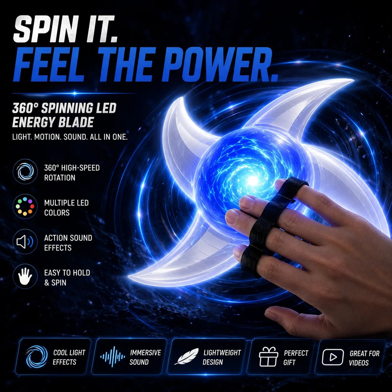 Spinning LED energy toy with hand strap