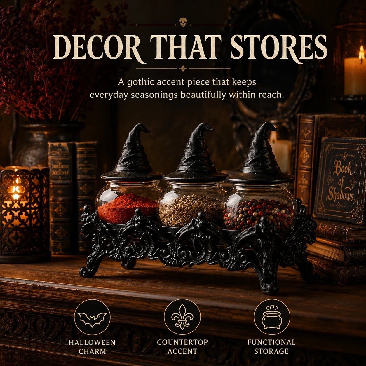 Witch-hat spice jar set styled on a gothic kitchen counter Witch-hat spice jar set styled on a gothic kitchen counter