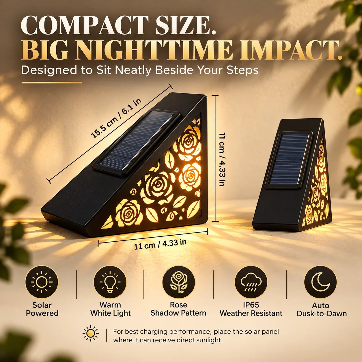 Afmetingen van de compacte Solar Rose Step Light