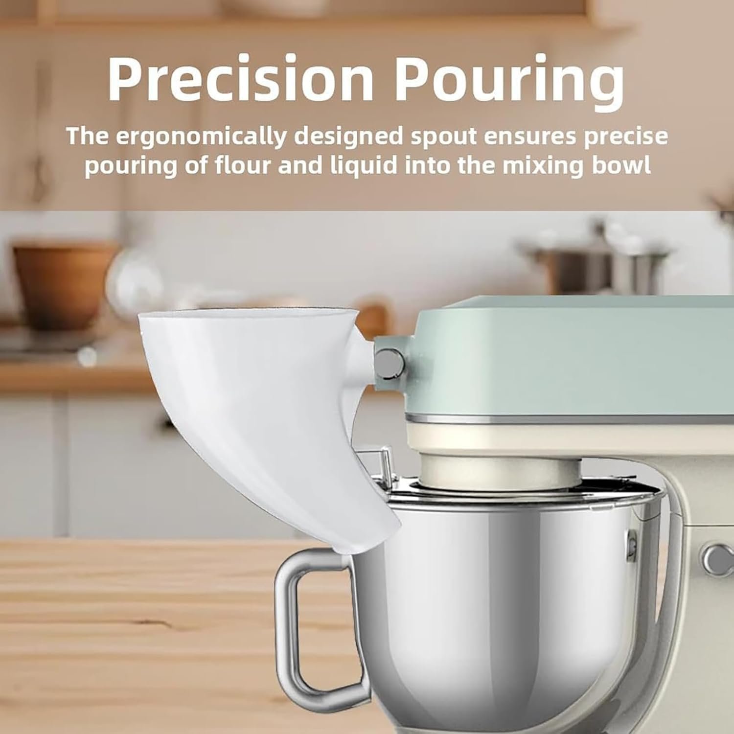Wide-mouth mixer funnel guiding flour, sugar, cocoa and liquid ingredients