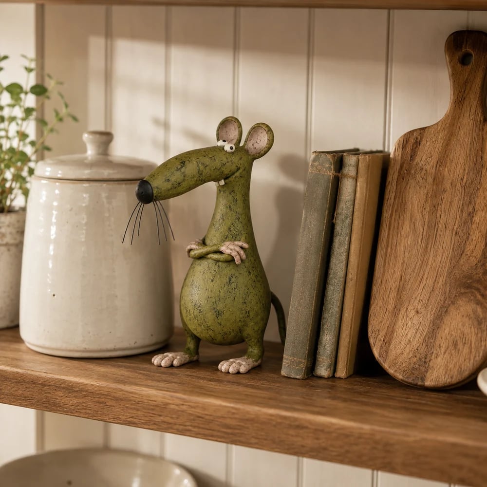 Customer-style photo of the mouse figurine on a vintage mantel