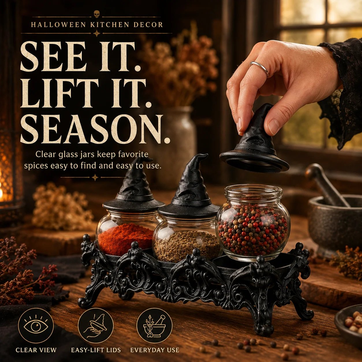 Hand lifting witch-hat lid from glass spice jar Hand lifting witch-hat lid from glass spice jar