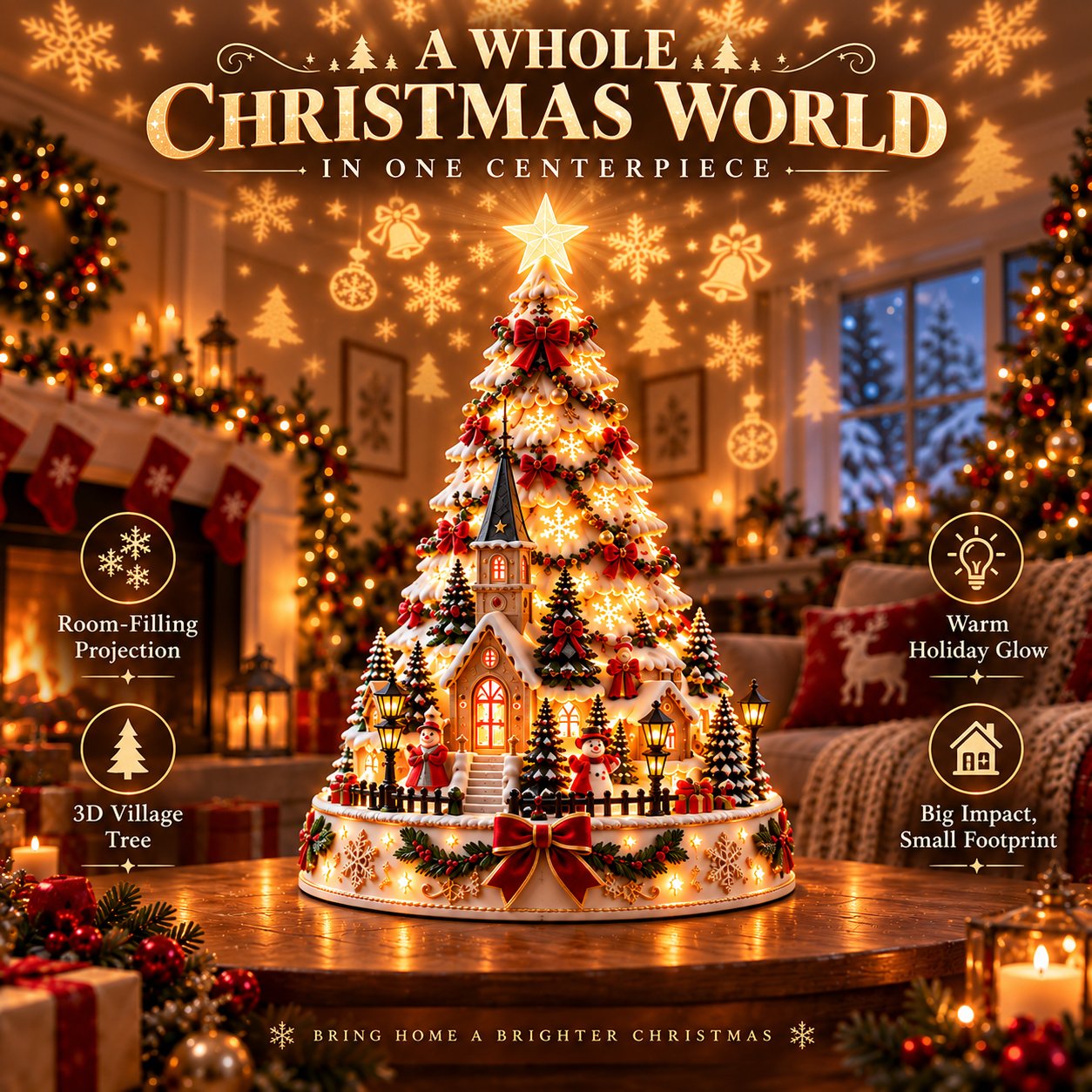 Illuminated Christmas village centerpiece with projection