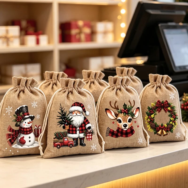 Christmas drawstring bags used as festive hanging decorations