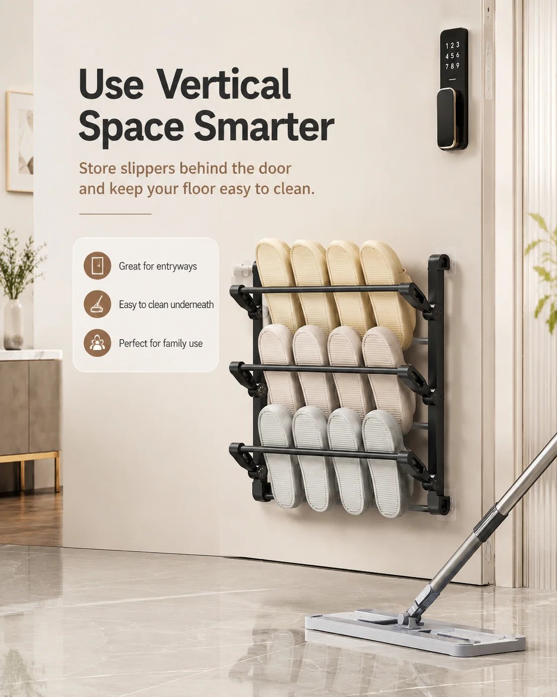 Space-saving vertical slipper storage