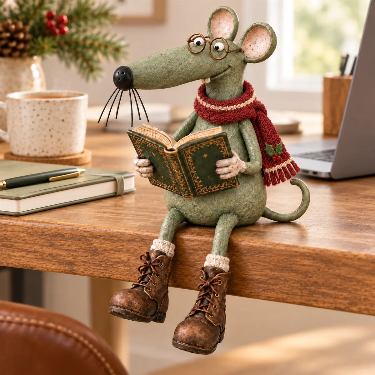 Reading mouse on a home office desk beside a laptop and coffee mug