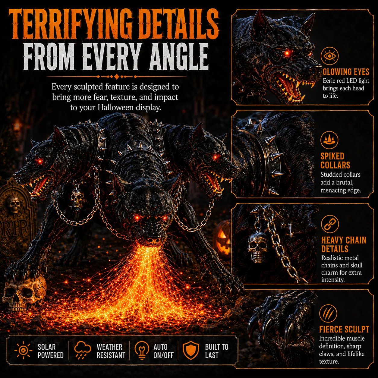Detailed three headed hellhound Halloween sculpture