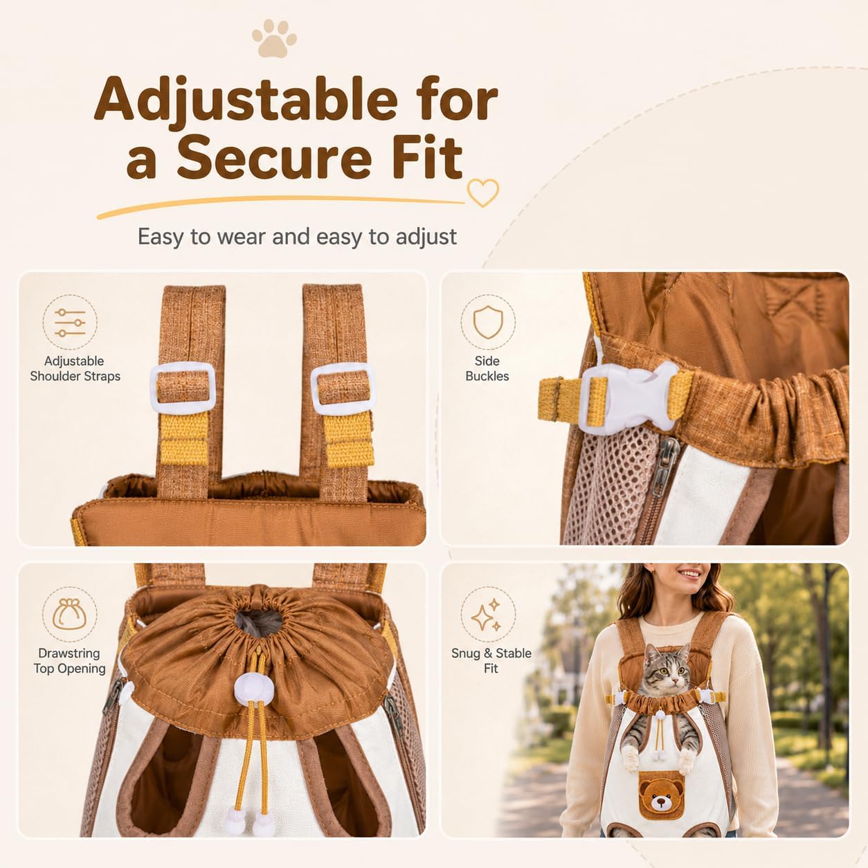 Adjustable neck opening side buckles and straps on pet carrier backpack