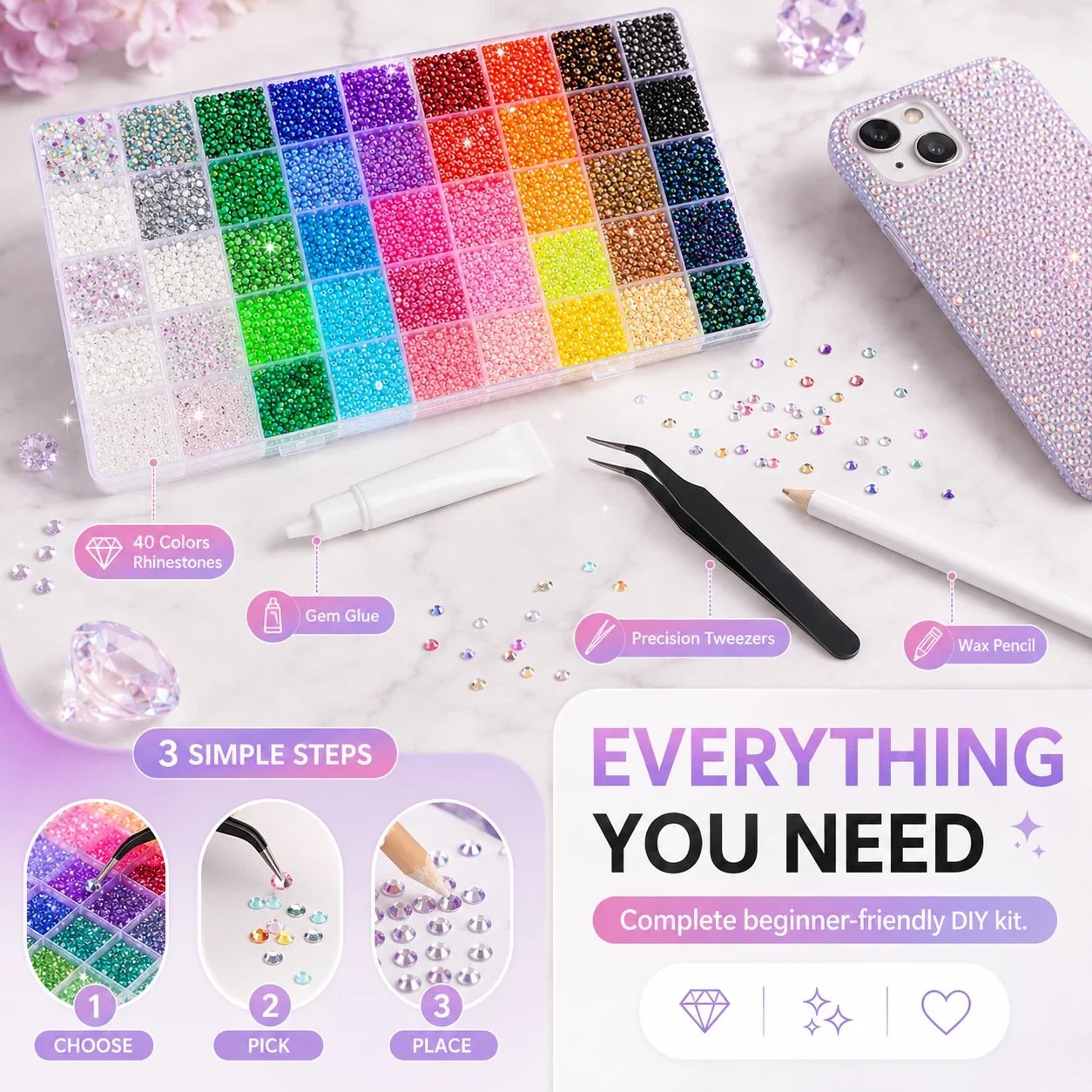 Complete rhinestone DIY kit with glue tweezers and rhinestone picker pen