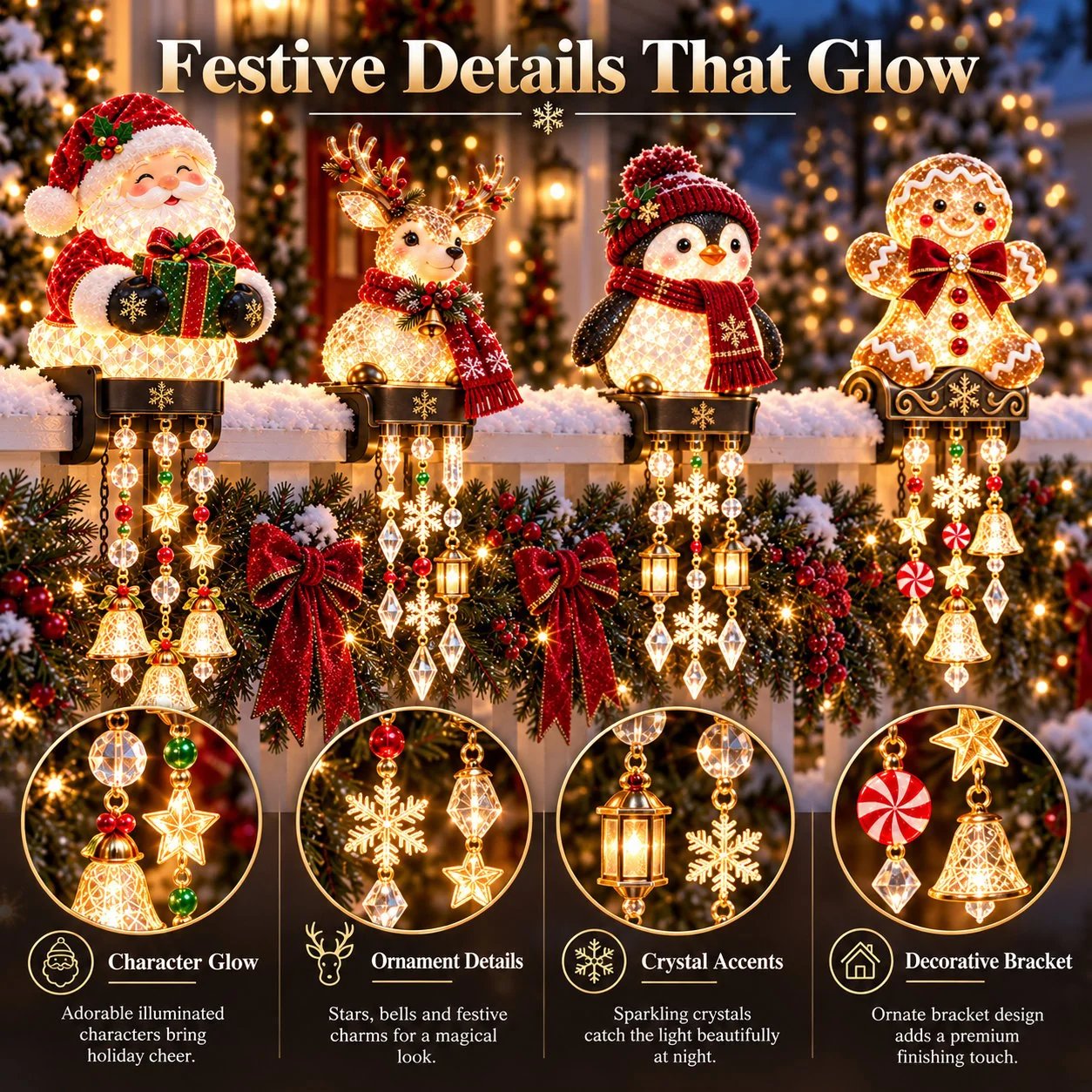 Four Christmas Character Railing Light Designs