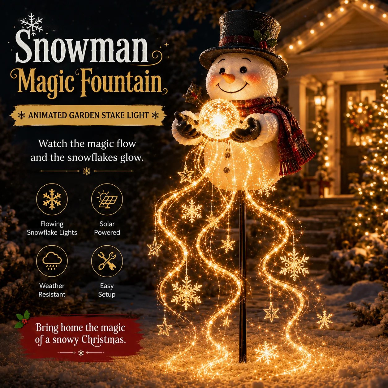 Snowman Magic Fountain Garden Light glowing at night