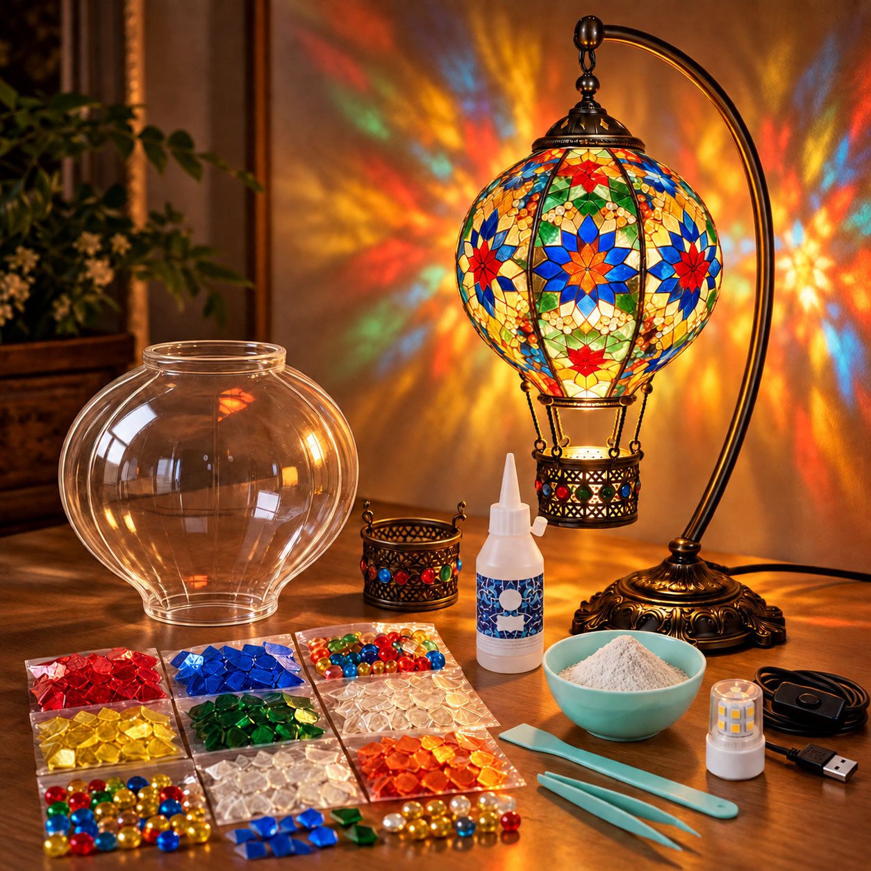 Multicolor DIY Turkish mosaic hot air balloon lamp kit components